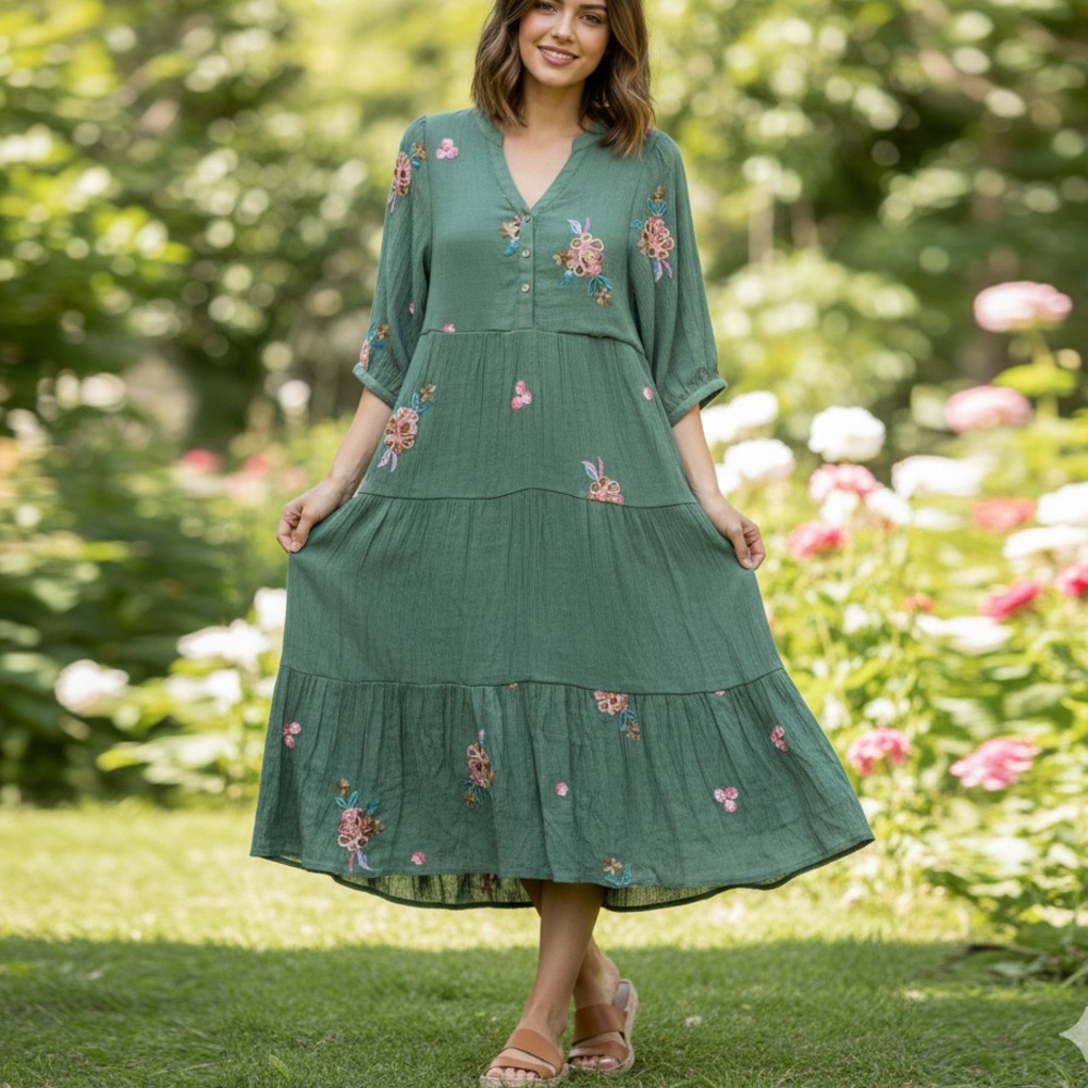 Anthropologie Fig and Flowers Embroidered Tiered Midi Dress in Green Size Medium
